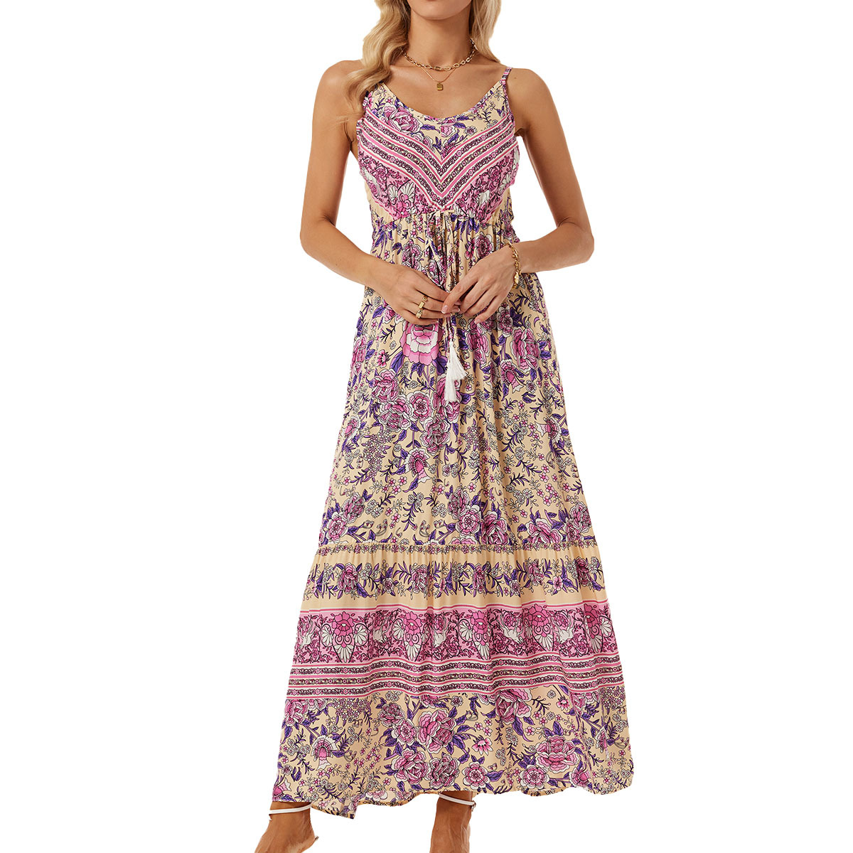 Bohemian Floral Print Sleeveless V-Neck Maxi Dress with Tassels