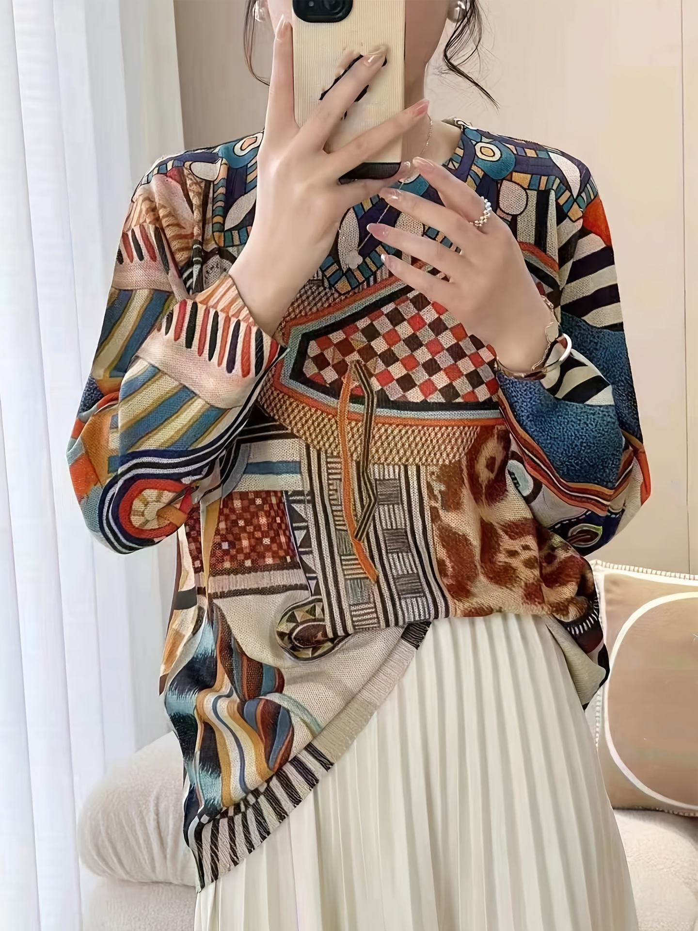 Palace Oil Painting Print Knit Pullover Sweater Long Sleeve Crew Neck Color Block Women's