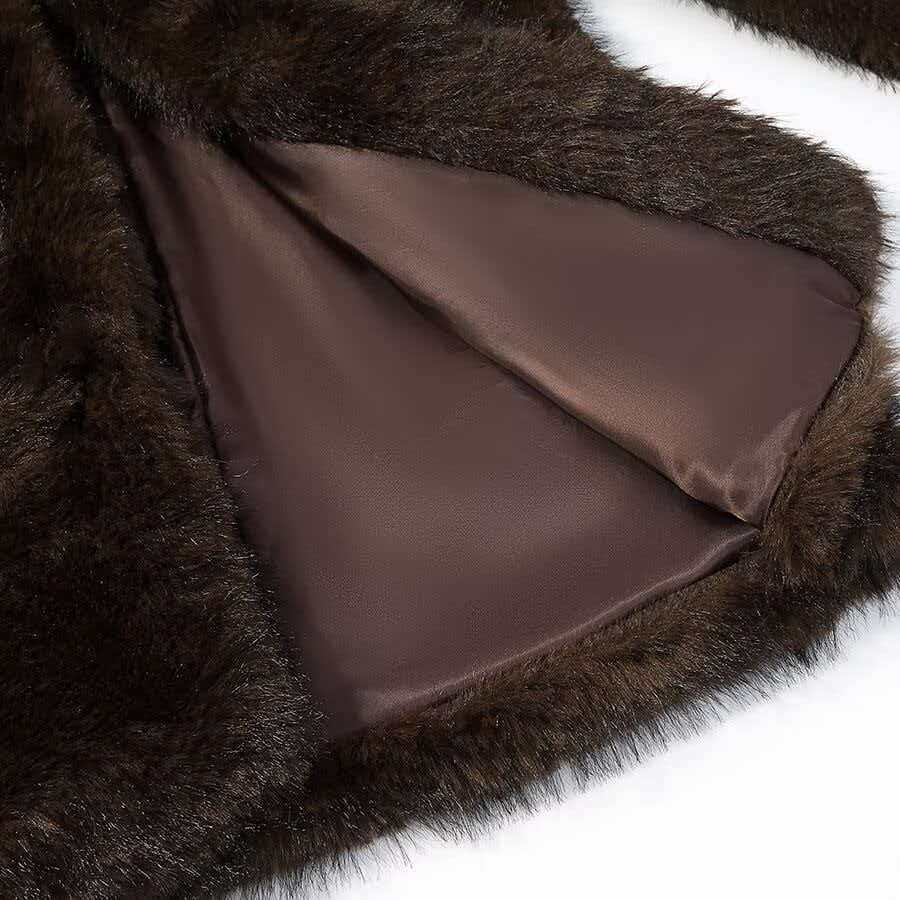 Women's Dark Brown Faux Fur Coat with Faux Fur Trim Collar