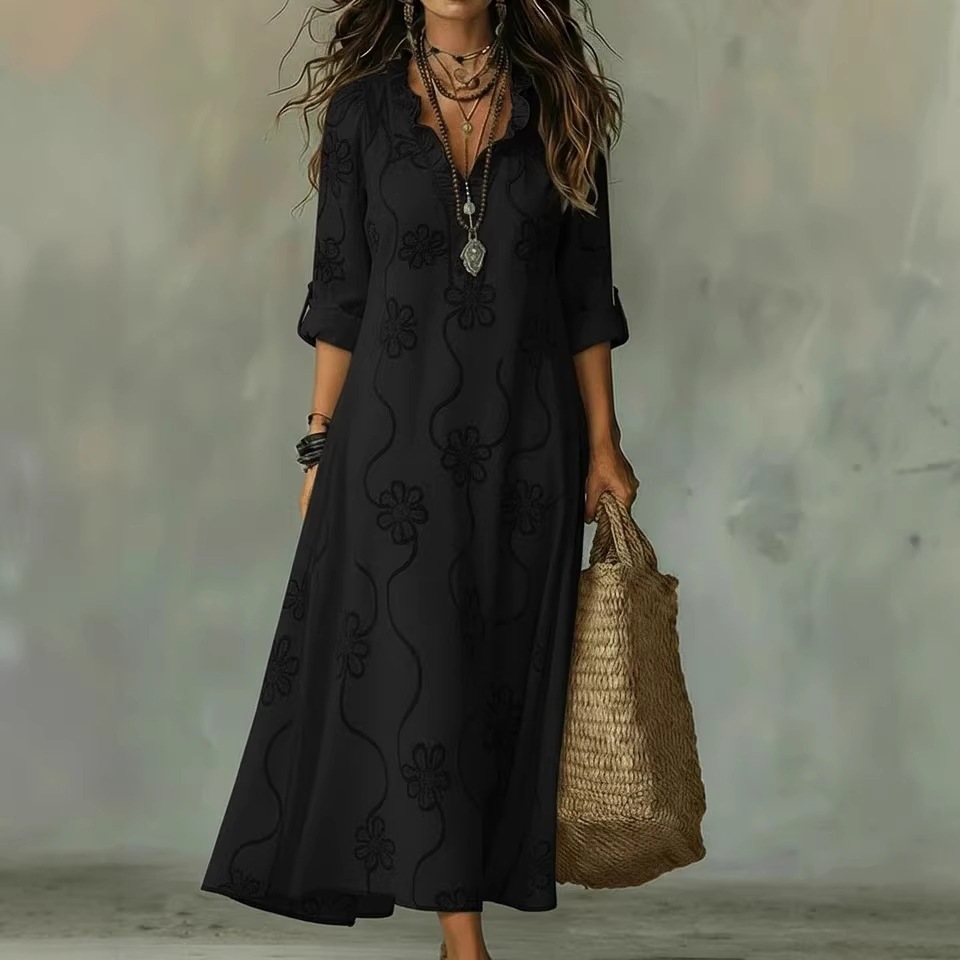 Women's Lace Embroidered Cotton-Linen Long Dress White Polyester