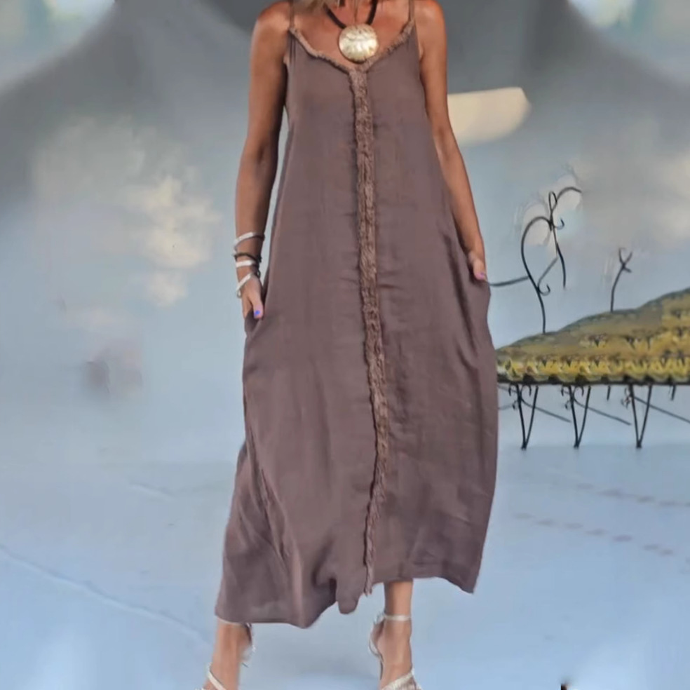 Women's Loose Casual Solid Color Sleeveless V-Neck Midi Dress