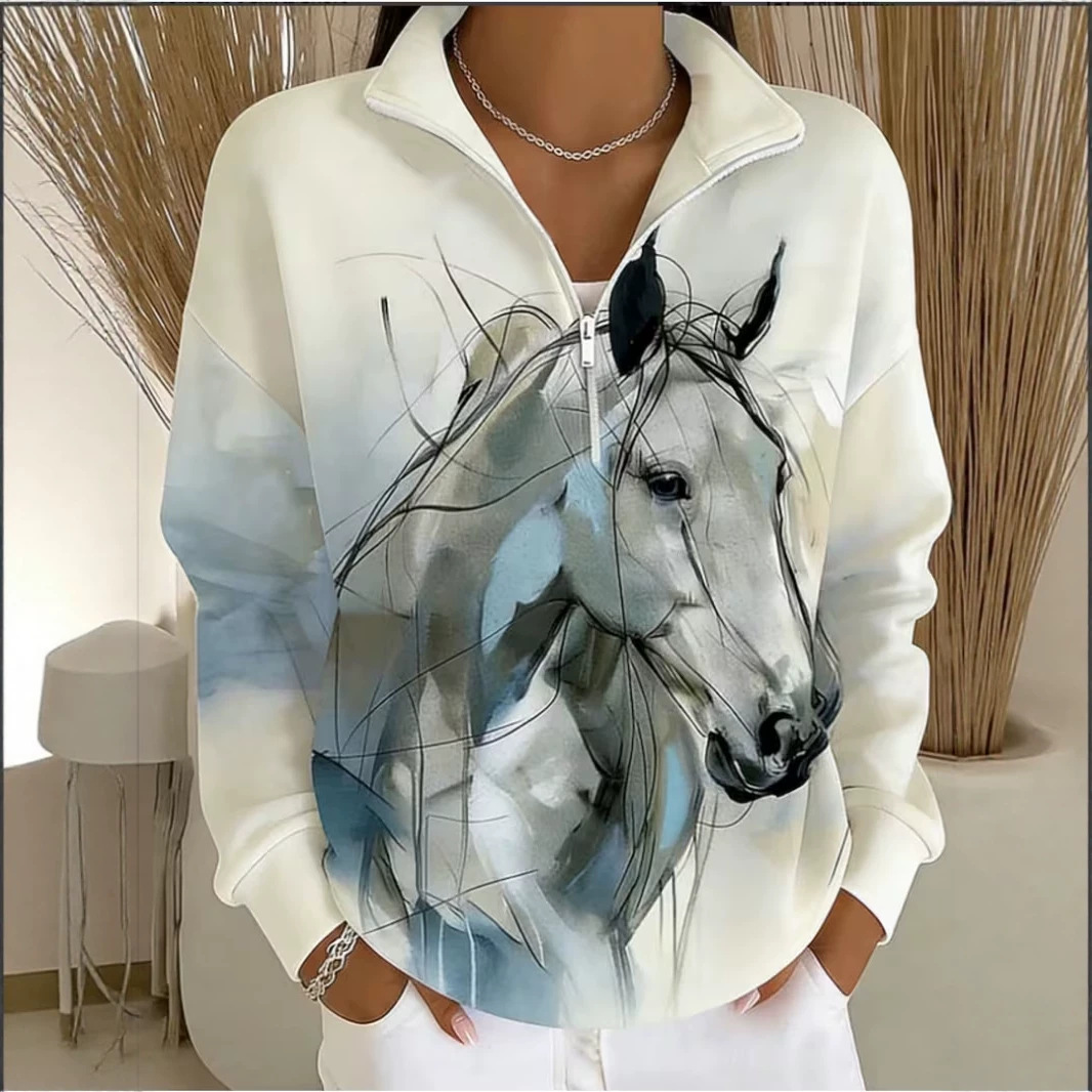 Cute Animal Print Half-Zip Hoodie for Women