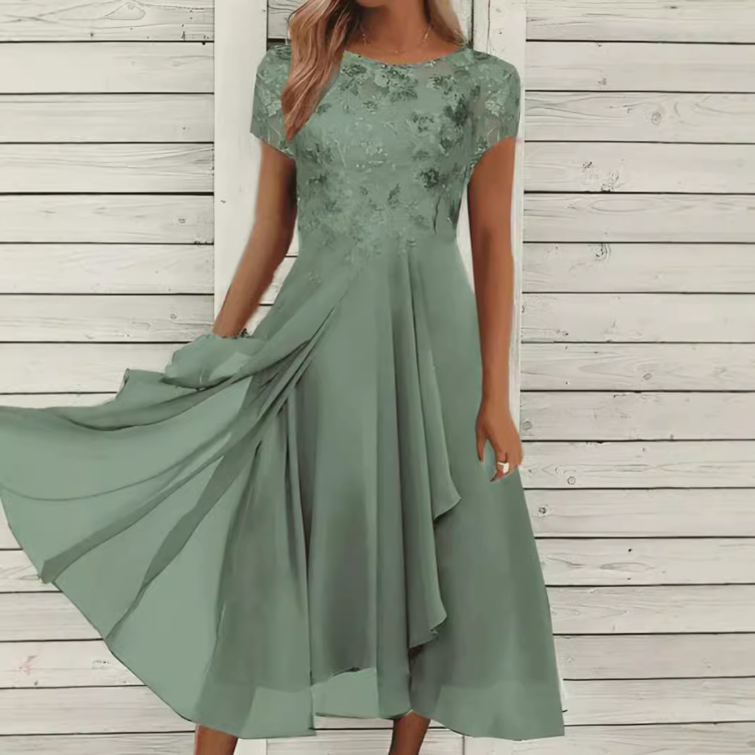 Chiffon Sequin Print Round Neck Maxi Dress