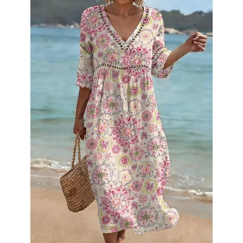 Elegant Casual V-Neck Digital Print Long Dress