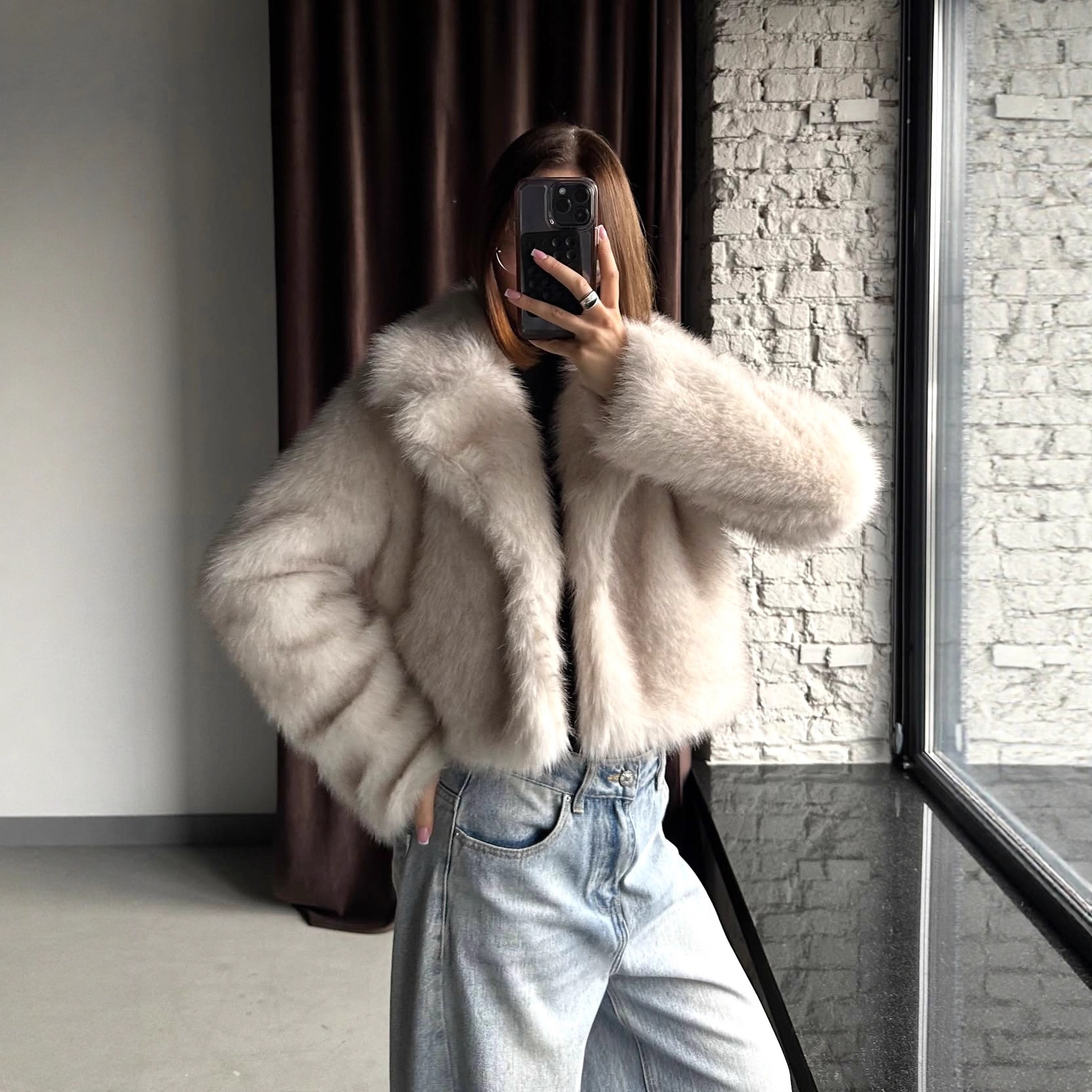 Faux Fox Fur Short Coat with Blazer Collar