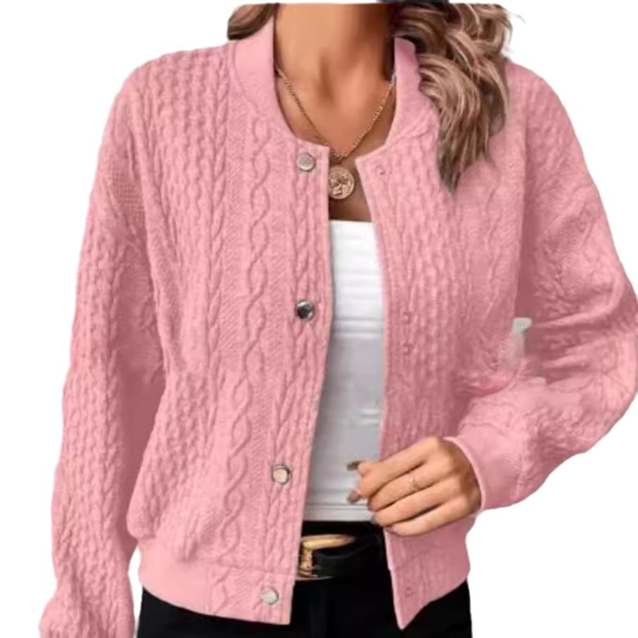 Women's Casual Jacquard Stand Collar Single-Breasted Bomber Jacket
