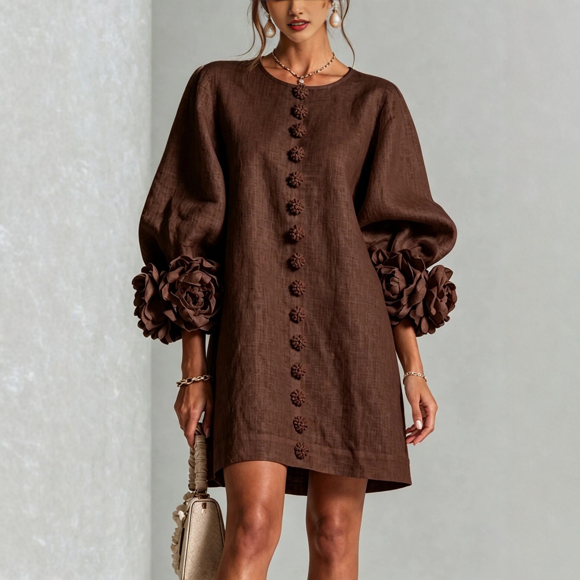 French 3D Floral Lantern Sleeve Cotton-Linen Dress Crewneck Button-Front Loose Short