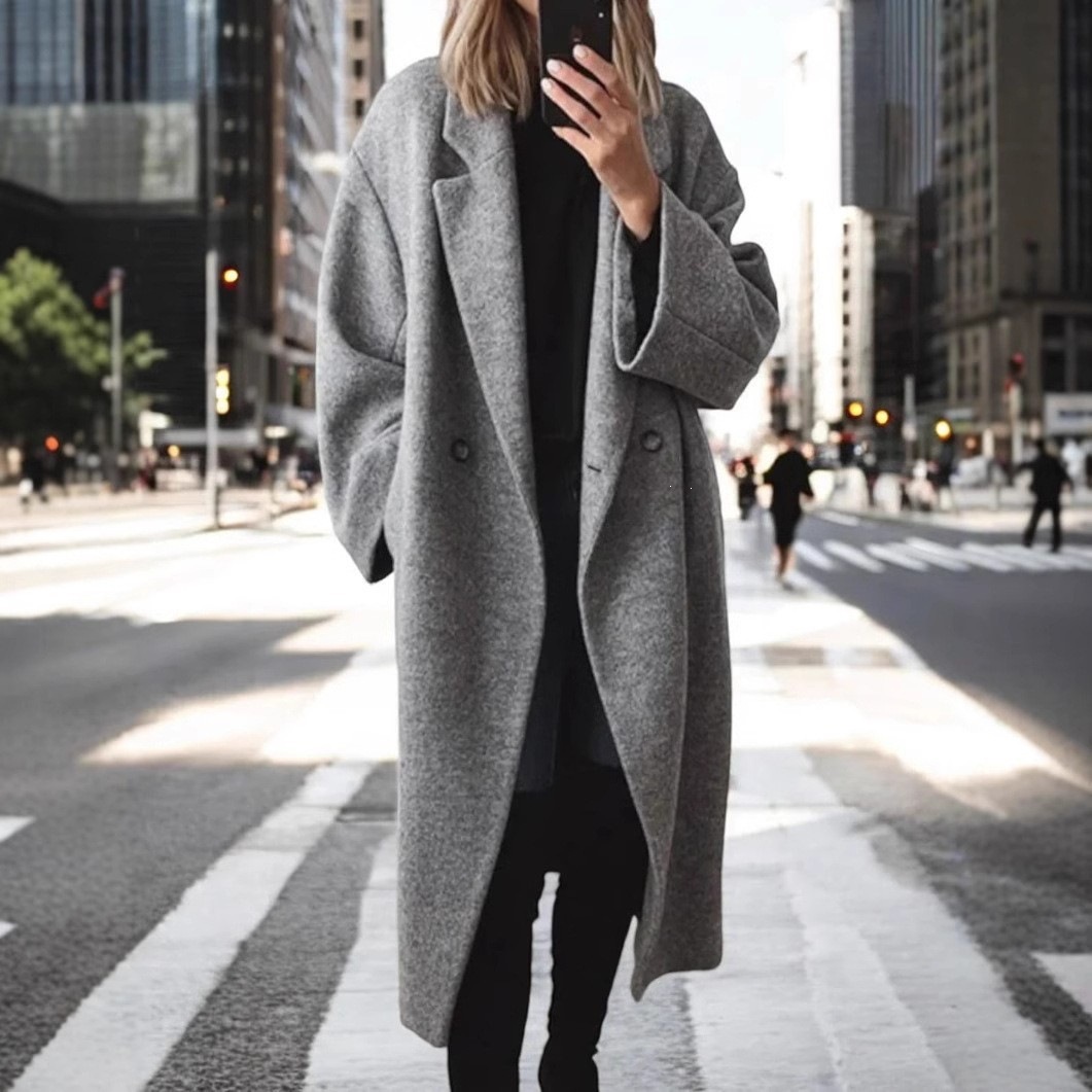 Women's Wool Blend Long Trench Coat Suit Collar Loose Fit Multi-Color