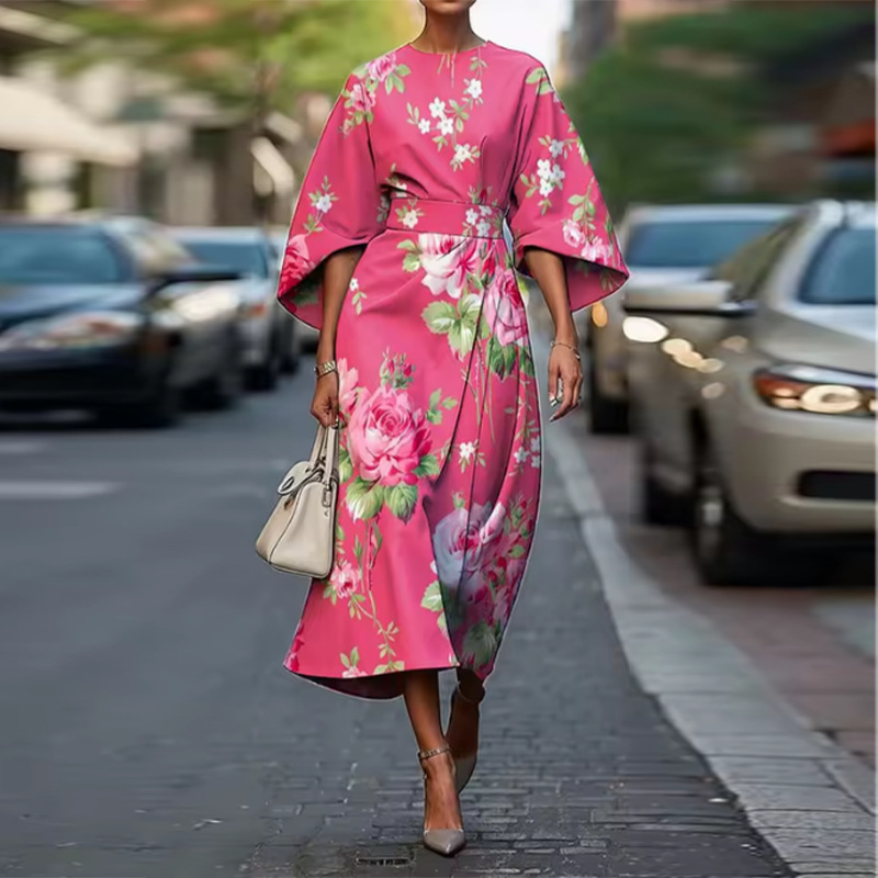 Women's Floral Print Half-Sleeve Slim Fit Midi Dress