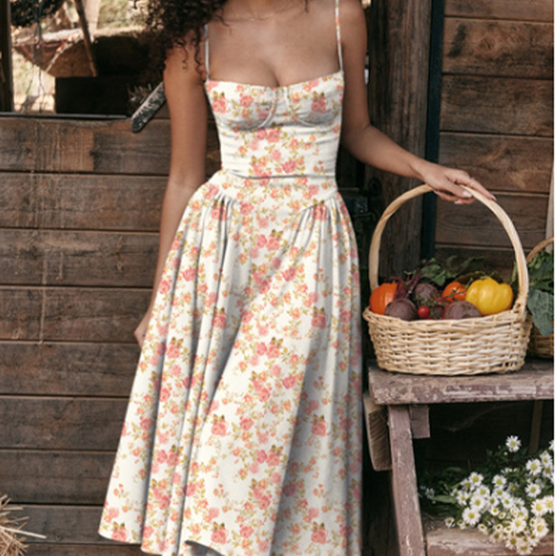 Women's Strapless Floral Dress Slim Fit Sleeveless Long Skirt