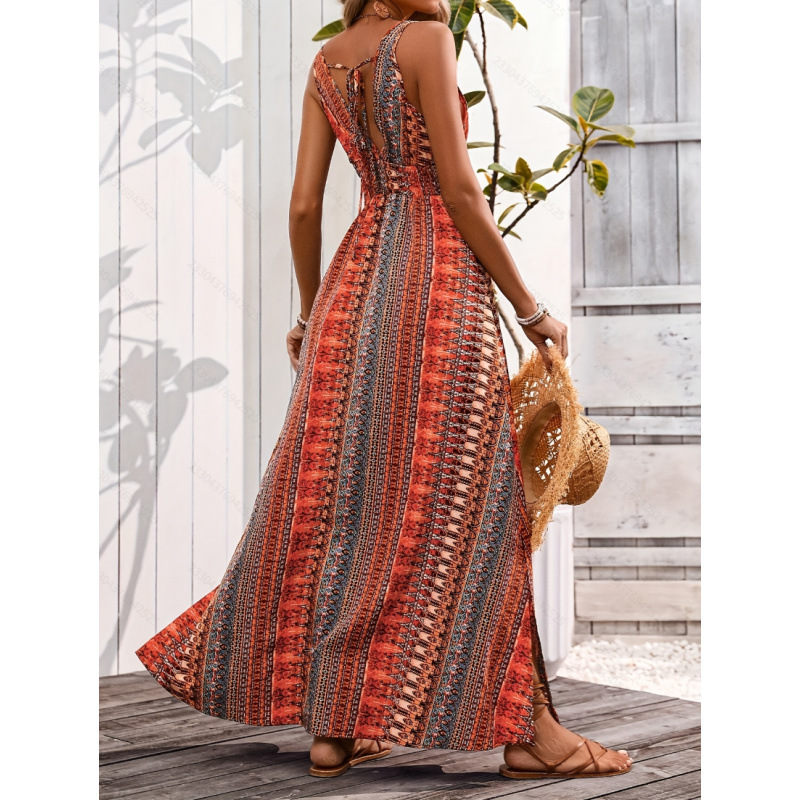 Bohemian Deep V-Neck Printed Cami Maxi Dress