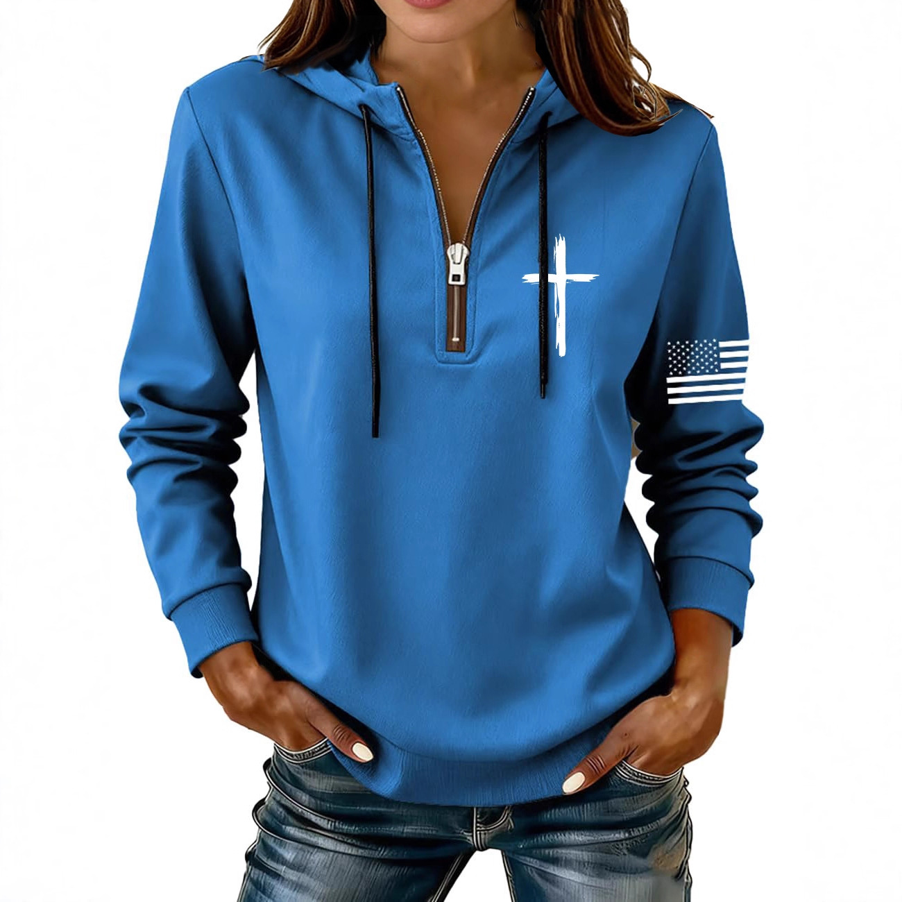 Cross & American Flag Print Half-Zip Hoodie