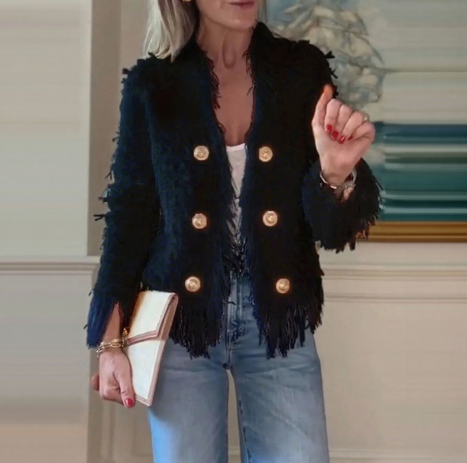 Elegant Fringe Metal Button Cardigan Jacket for Women
