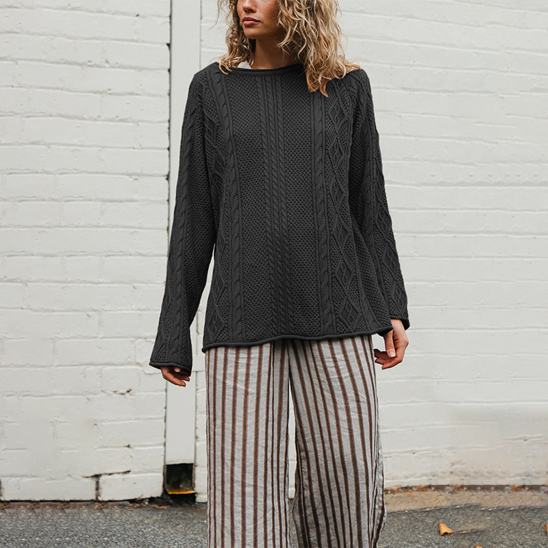 Women's Cable-Knit Sweater Crewneck Loose Fit Long Sleeve Pullover