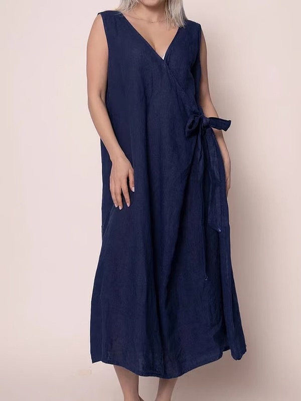 Women's Summer Loose Tie-Front Sleeveless Solid Cotton-Blend Dress