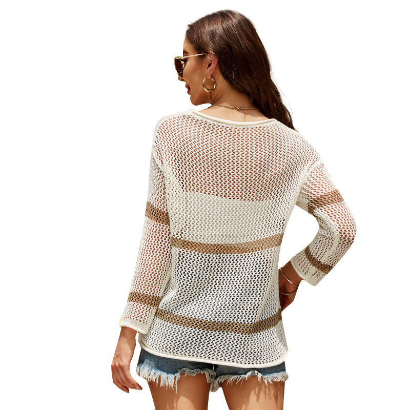 Women's Lightweight Striped Hollow-Out Knit Top Long Sleeve Crew Neck Relaxed Fit