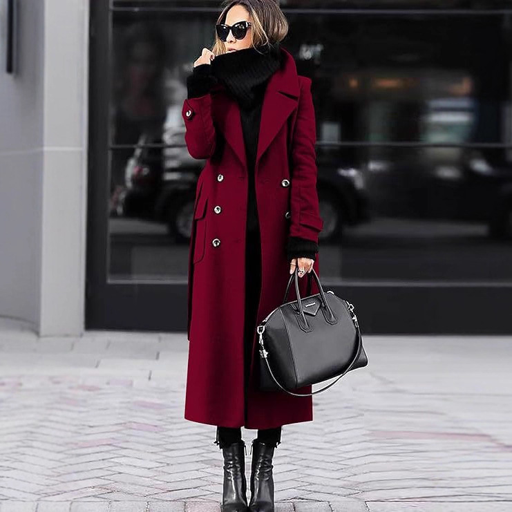 Women's Thick Wool-Blend Longline Coat with Lining, Double-Breasted