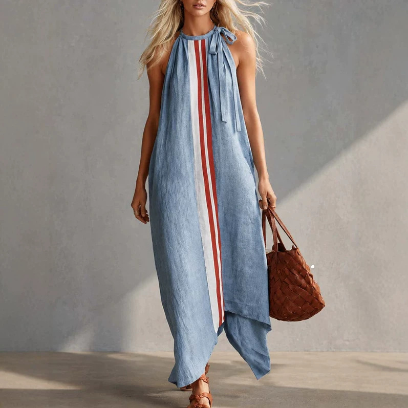 Light Blue Cotton-Linen Long Dress with Round Neck and Tie Detail