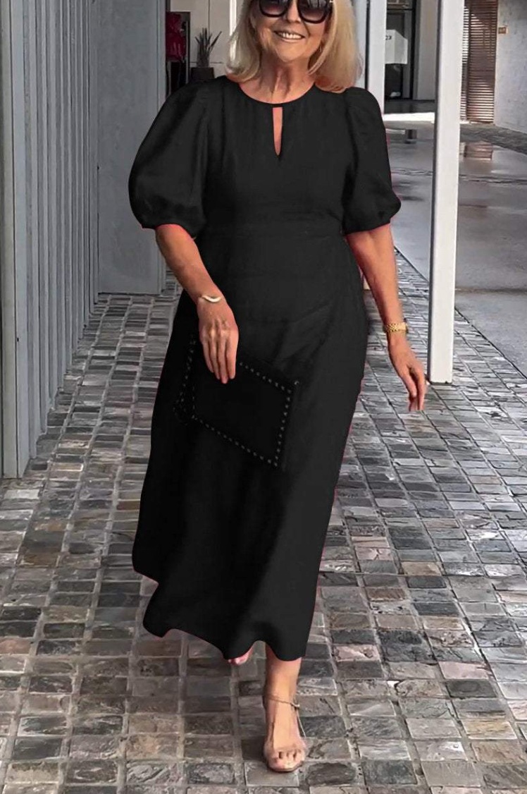 Women's Solid Color Loose Casual Round Neck Puff Sleeve Dress