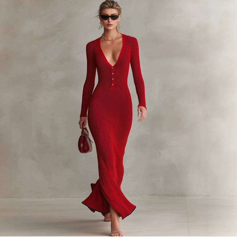 V-Neck Long Sleeve Maxi Dress Solid Color High Waist