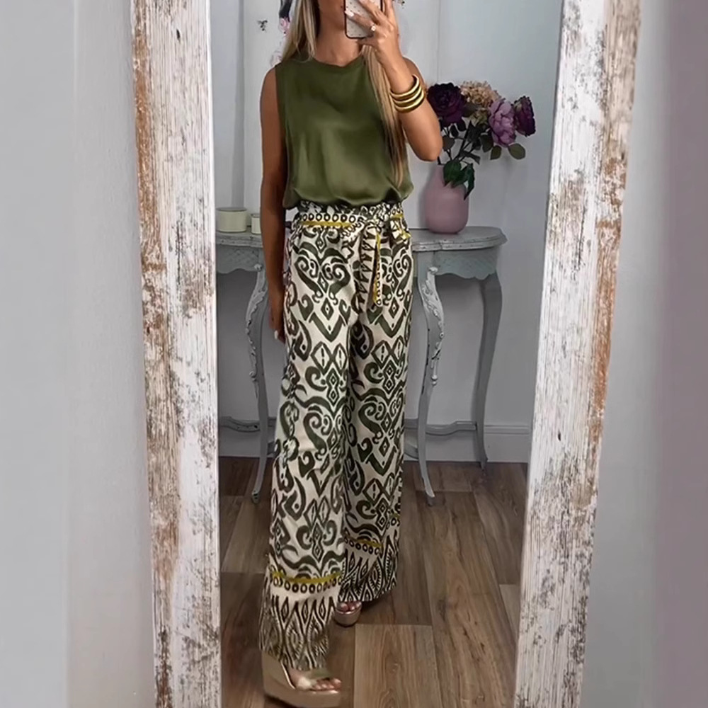 Printed Belted Wide-Leg Casual Pants