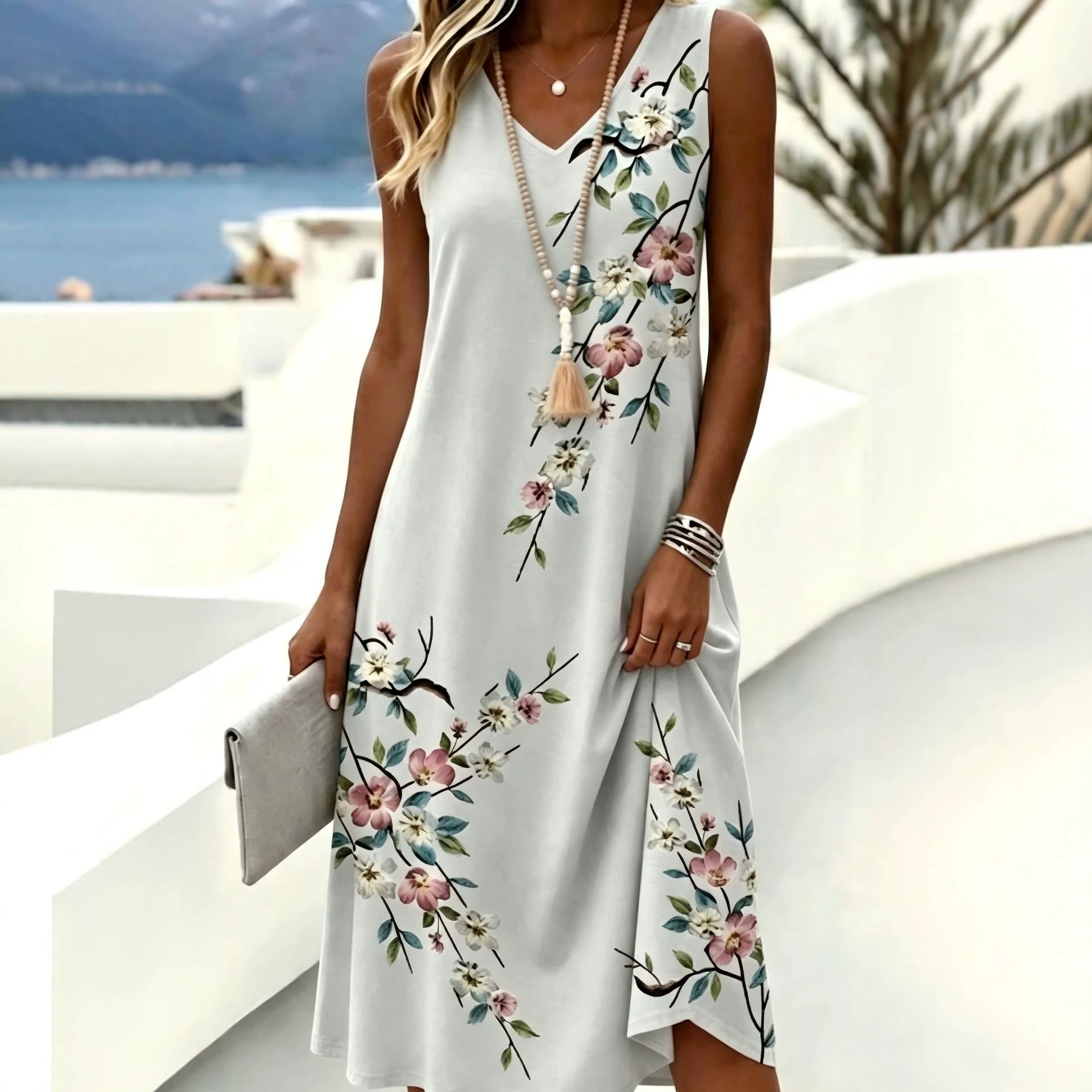 Women's Floral Print Deep V-Neck Bodycon Midi Dress Sleeveless Casual