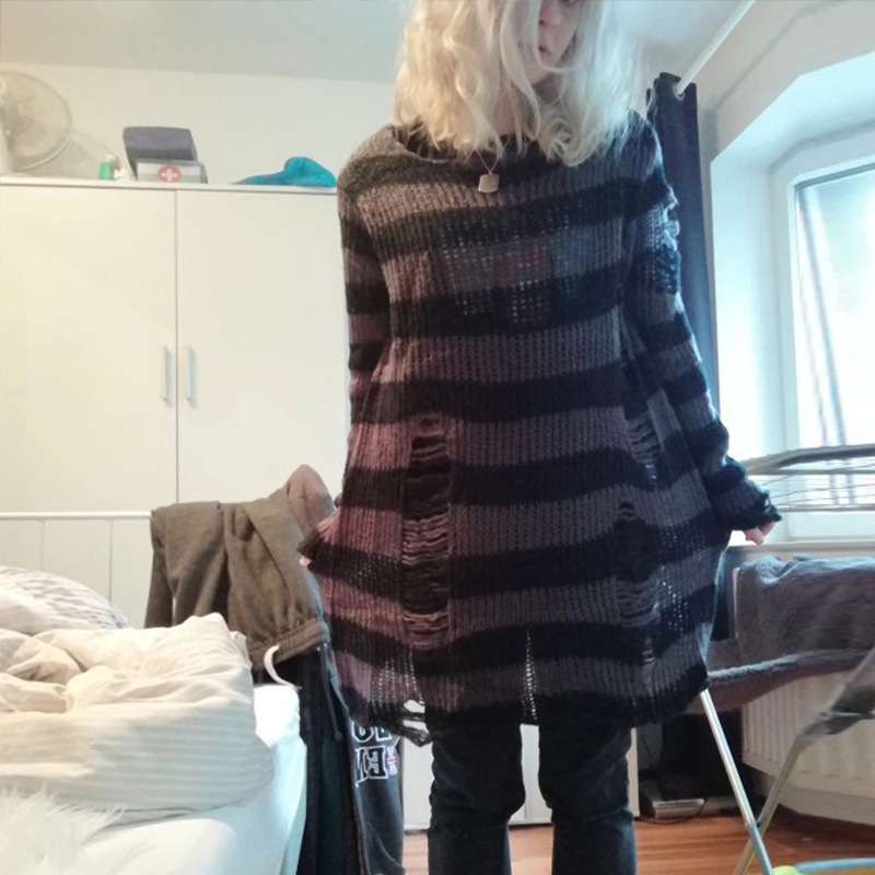 Mohair-Blend Striped Oversized Pullover Sweater Women's Mid-Length Knit