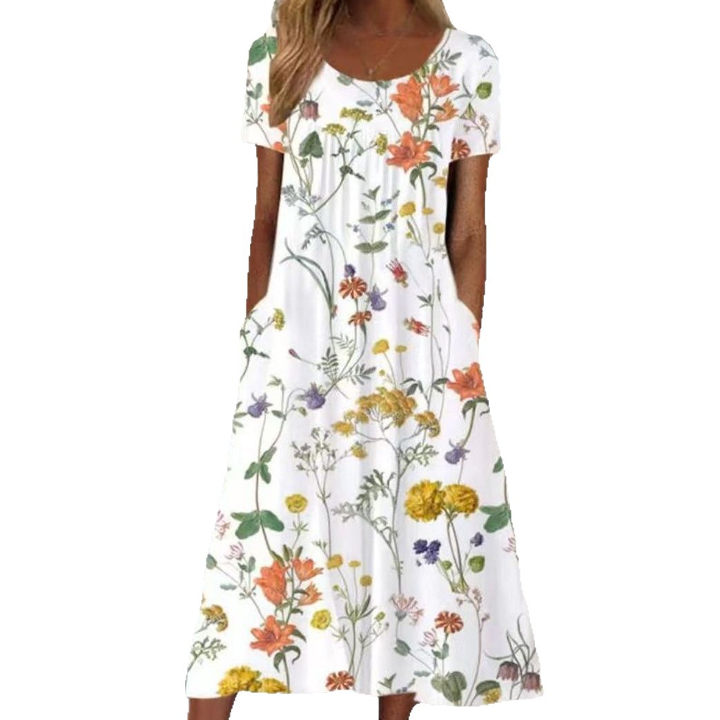Women's Floral Square Neck Short Sleeve Pocket Casual Dress