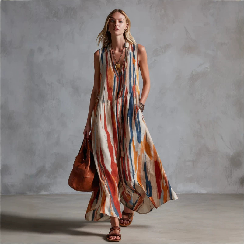 Beige Abstract Striped Cotton-Linen Long Dress