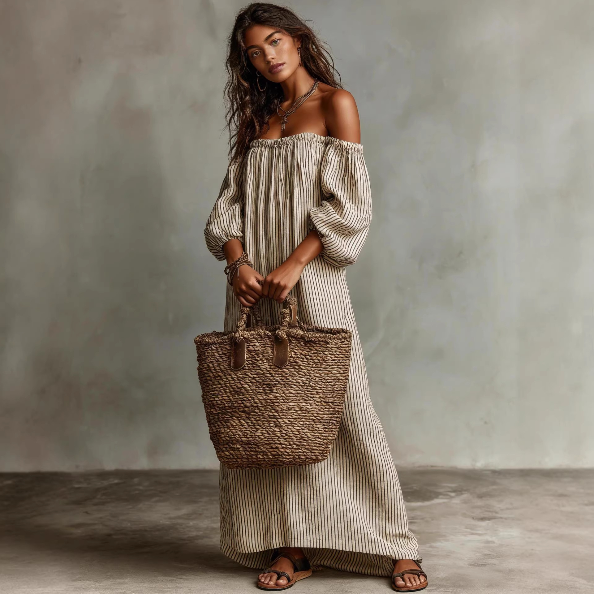 Women's Off-Shoulder Striped Loose Midi Dress