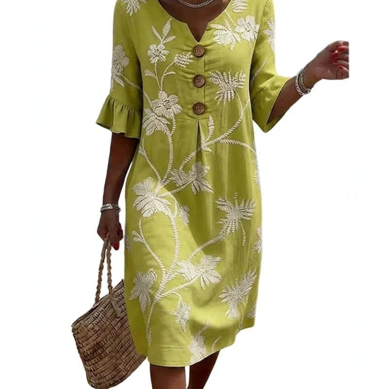 Women's Floral Print Ruched Three-Button Rolled-Sleeve Dress