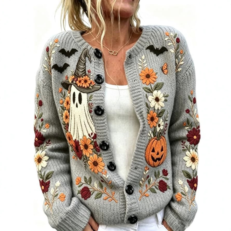 Women's Halloween Ghost Pumpkin Castle Floral Print Cardigan
