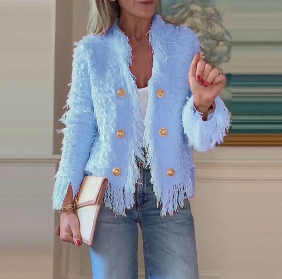 Elegant Fringe Metal Button Cardigan Jacket for Women