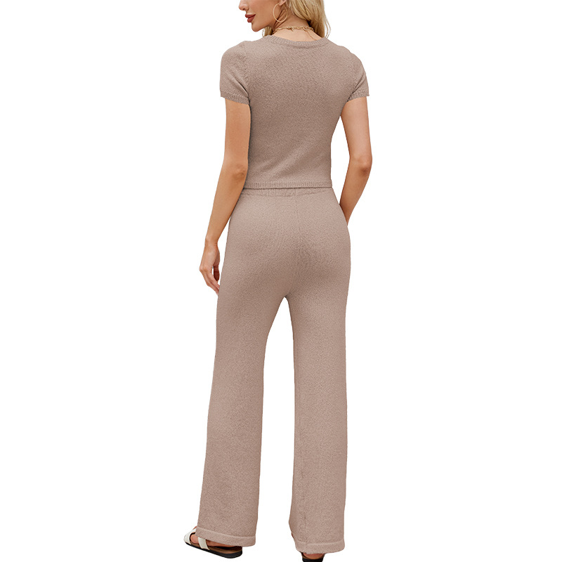 Women's Solid Knit Short Sleeve Top and Pants Set