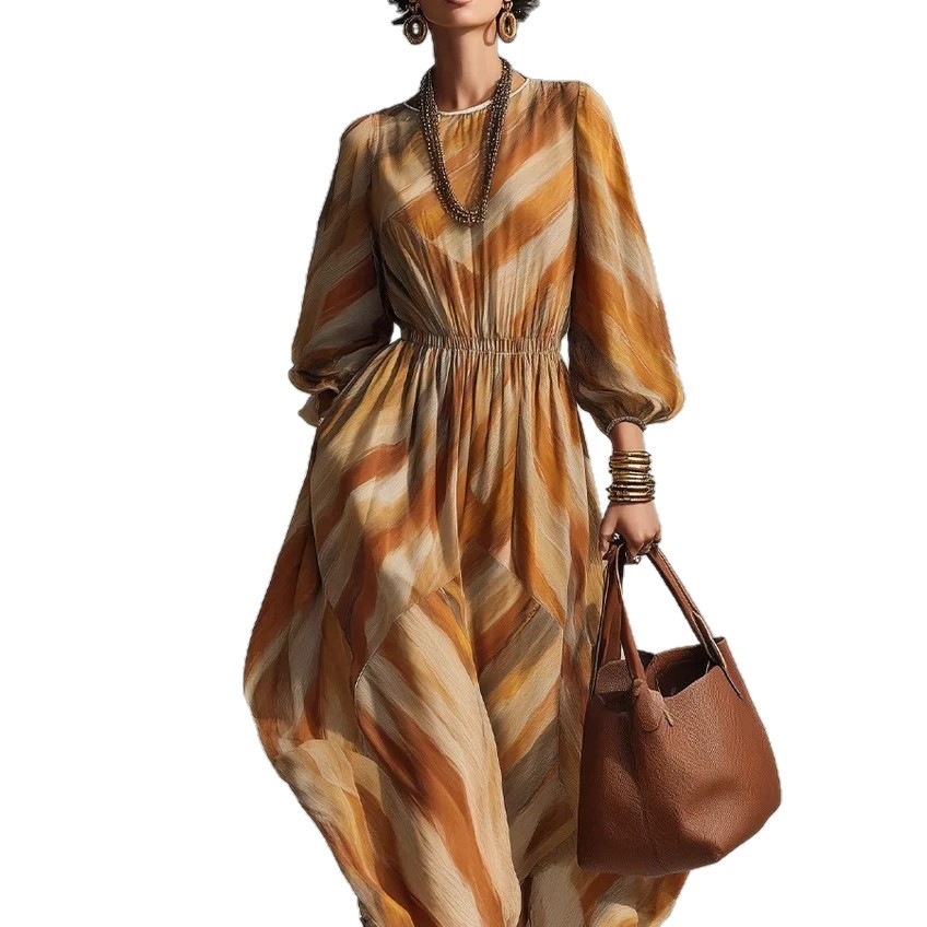 Twill Print Lantern Sleeve Maxi Dress Waist-Cinched Women's Vacation Dress