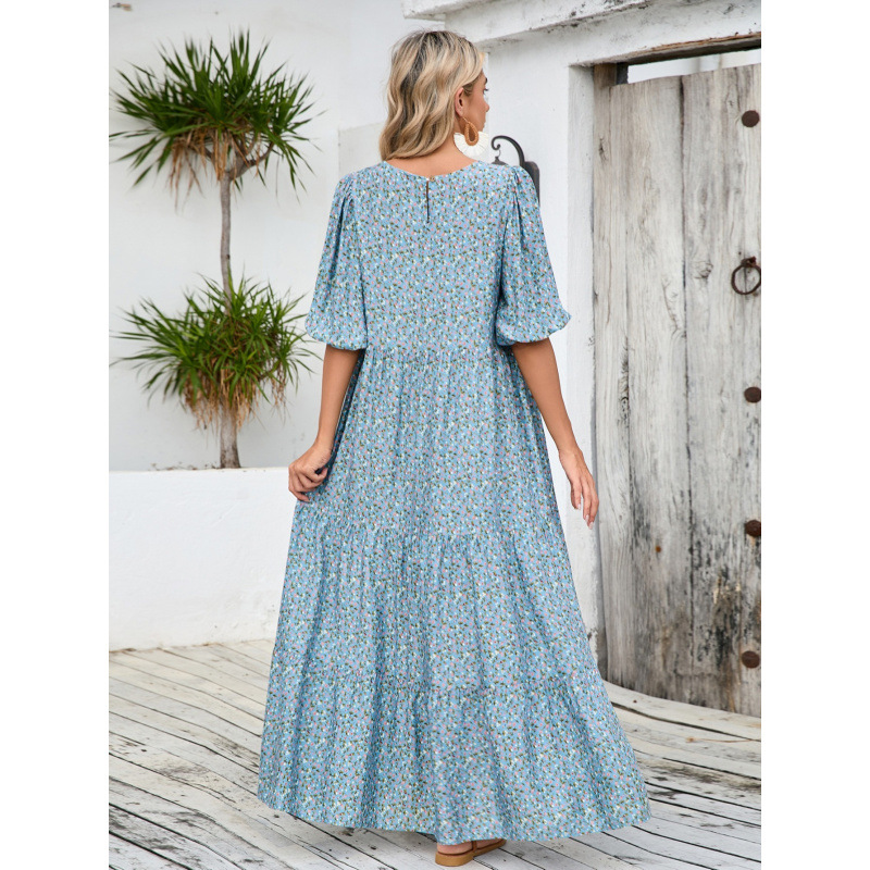 Floral Print Loose Round Neck Midi Dress Plus Size Vintage Casual