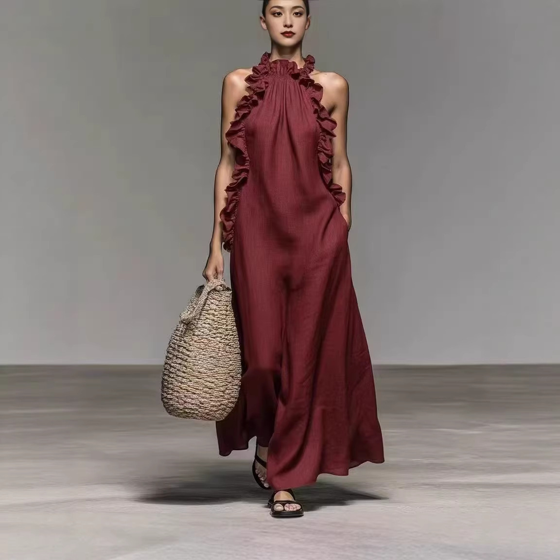 Women's Halter Ruffle Sleeveless Loose Fit Dress with Pockets