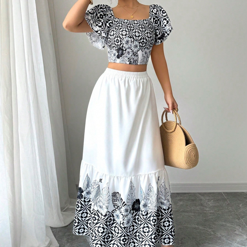 Women's Summer Floral Print A-Line Two-Piece Skirt Set