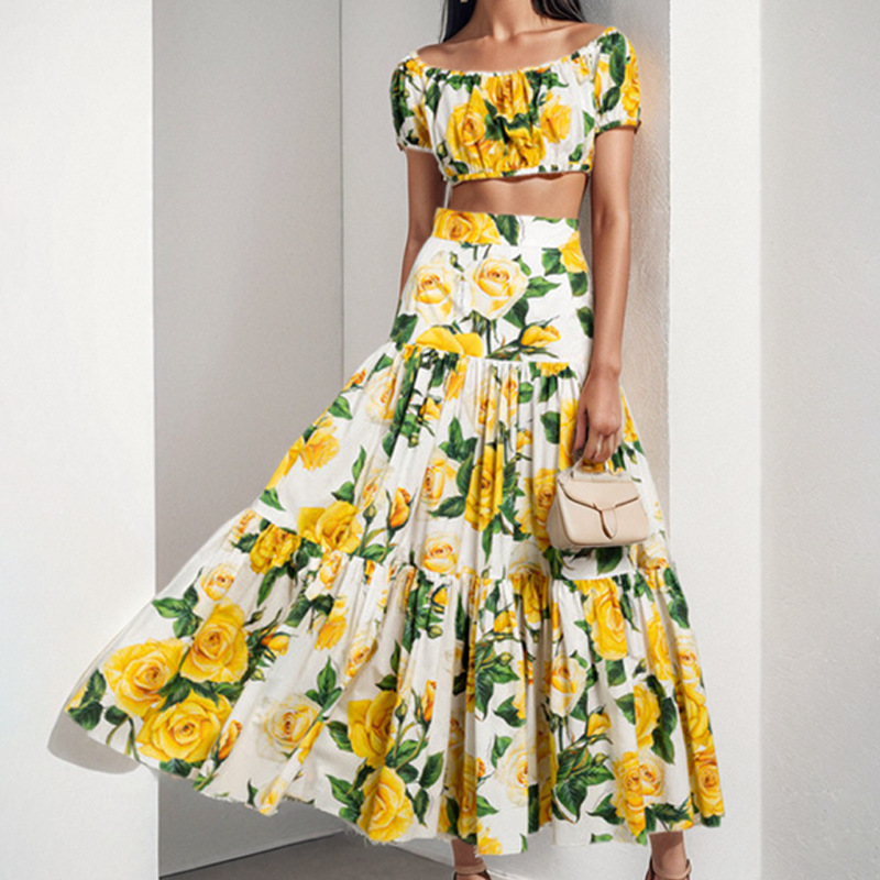 Women's Botanical Print Two-Piece Skirt Set Long Sleeve