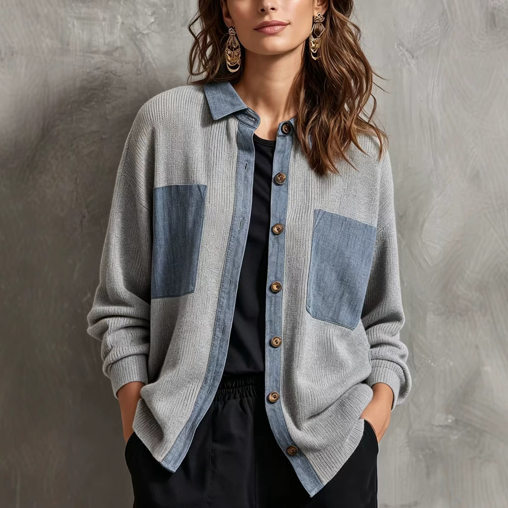 Color-Block Denim-Trim Knit Cardigan with Wood Buttons