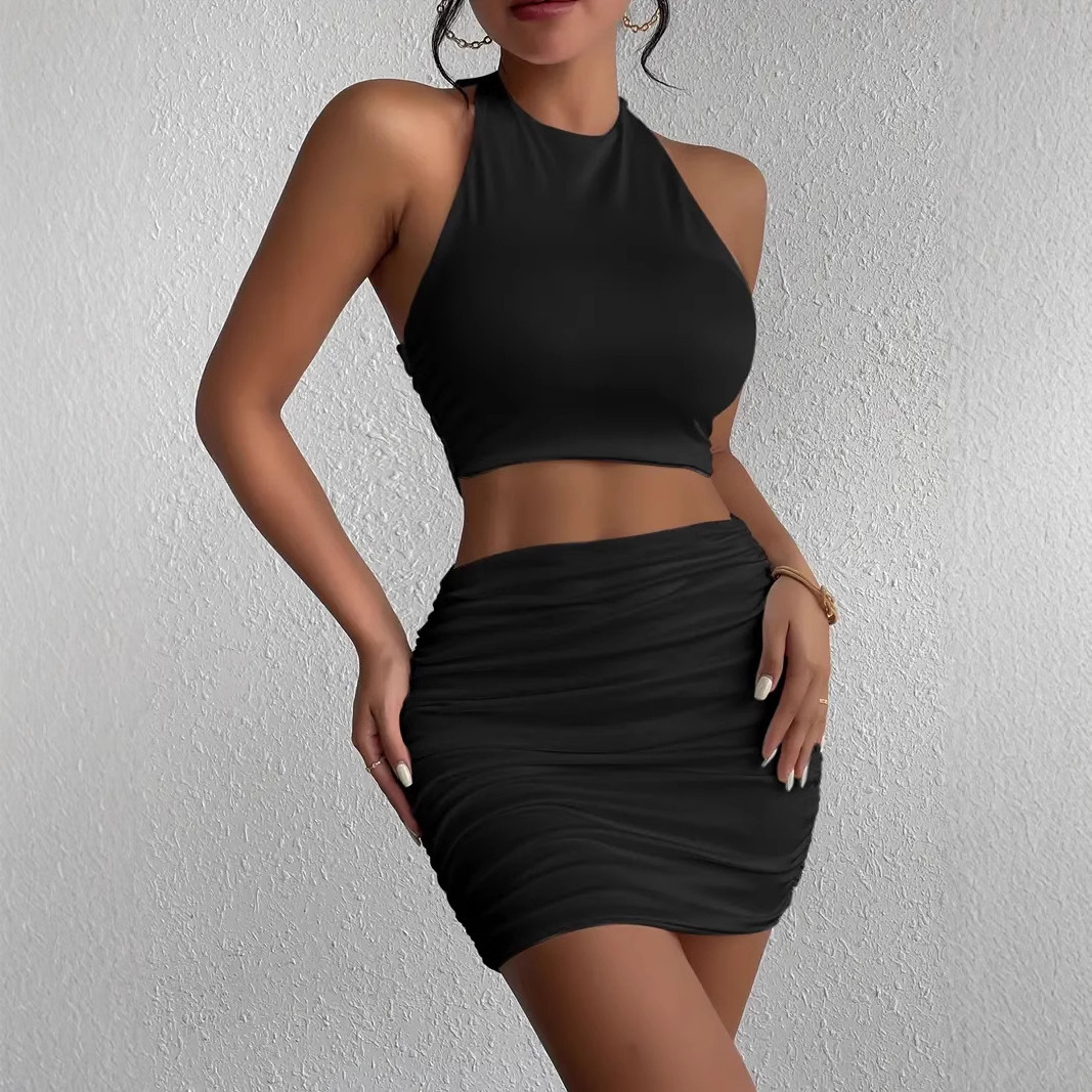 Sexy Sleeveless Halter Crop Top and Bodycon Skirt Set