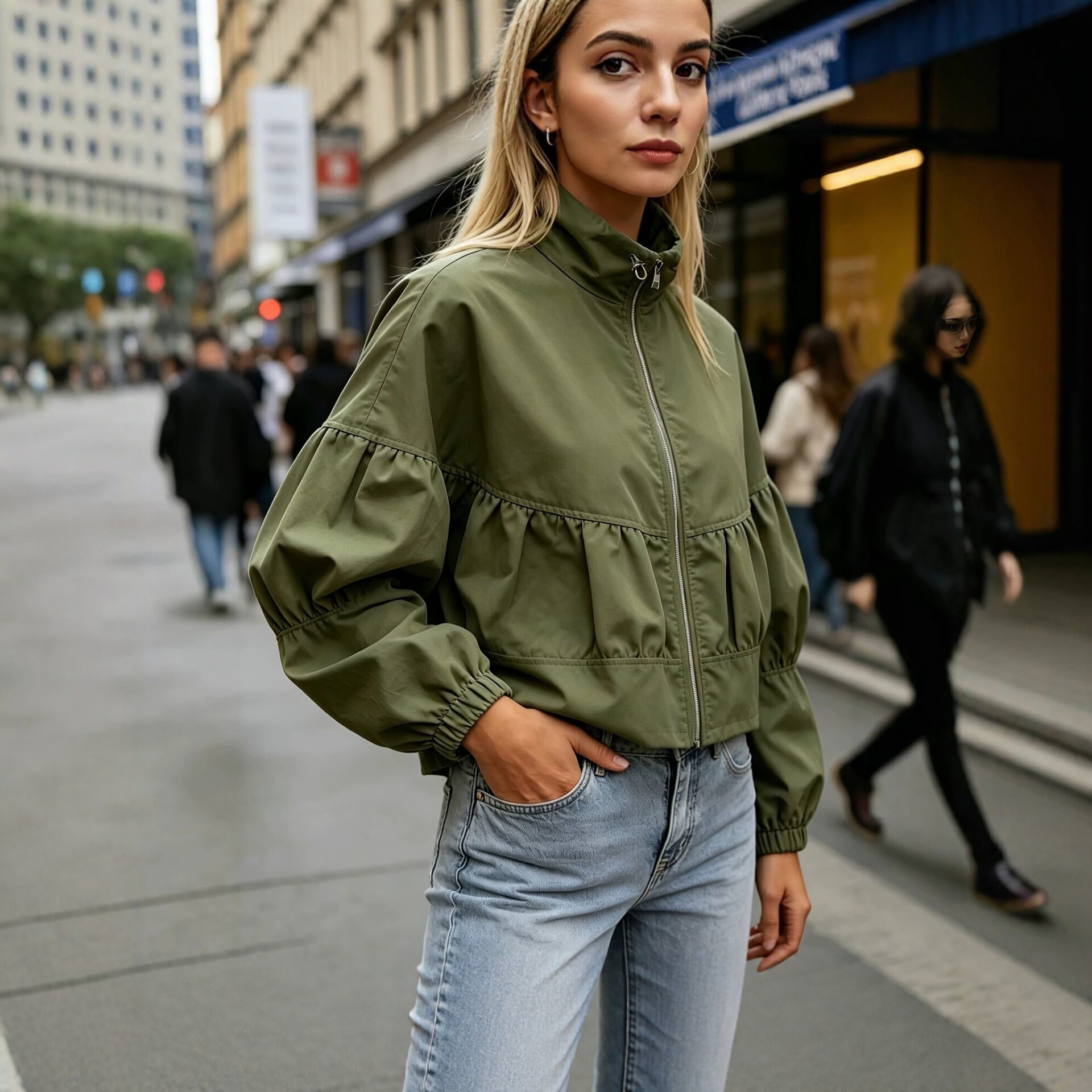 Women's Cropped Utility Jacket with Stand Collar and Lantern Sleeves
