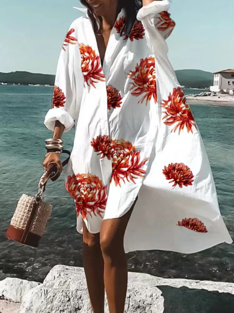 Women's Loose Digital Print Long Sleeve Collared Shirt Dress