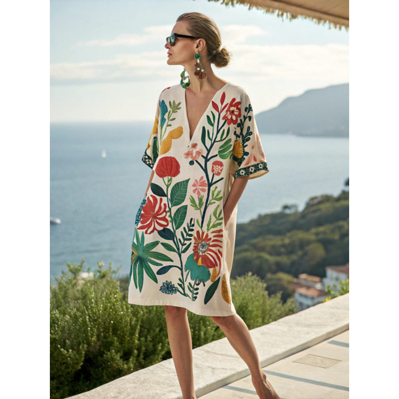 Women's Floral Print Ruched Short Sleeve Midi Dress