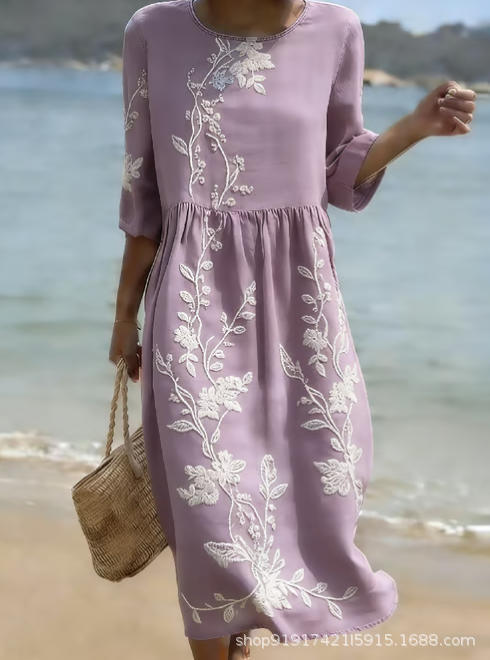 Women's Floral Print Ruched Midi Dress with Half Sleeves