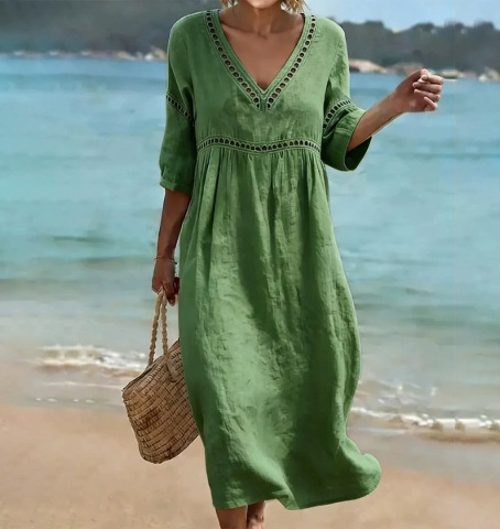 Women's Summer V-Neck Solid Color Loose Casual Vacation Dress