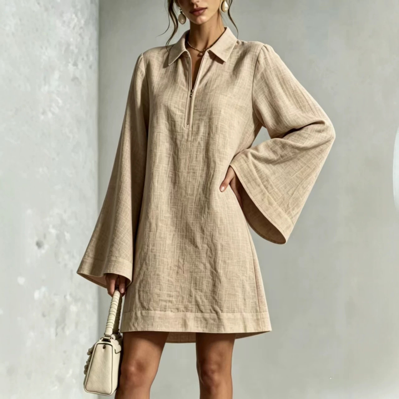Solid Color Half-Zip Collared Loose Long-Sleeve Casual Dress