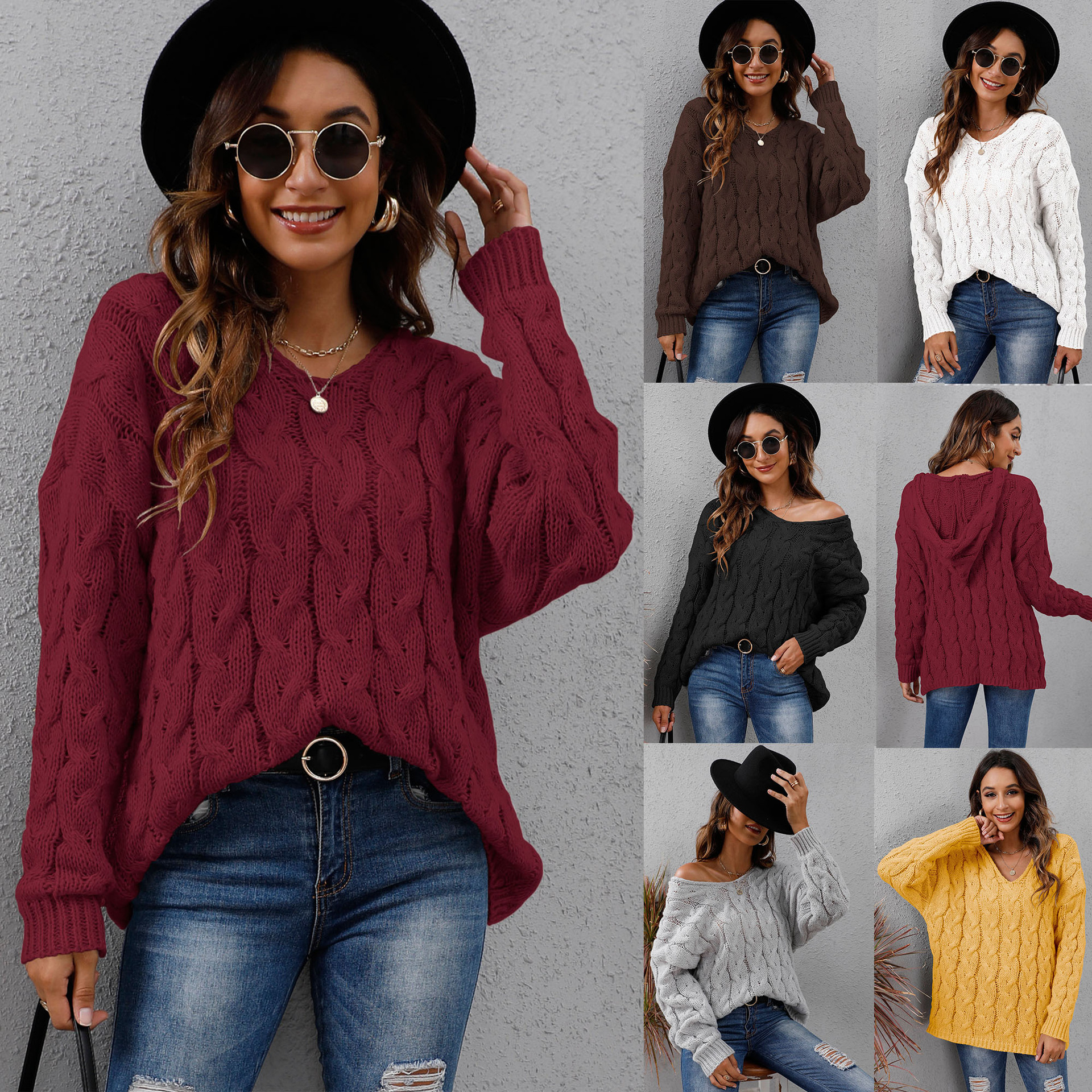 Women's Chunky Cable Knit V-Neck Hooded Pullover Sweater