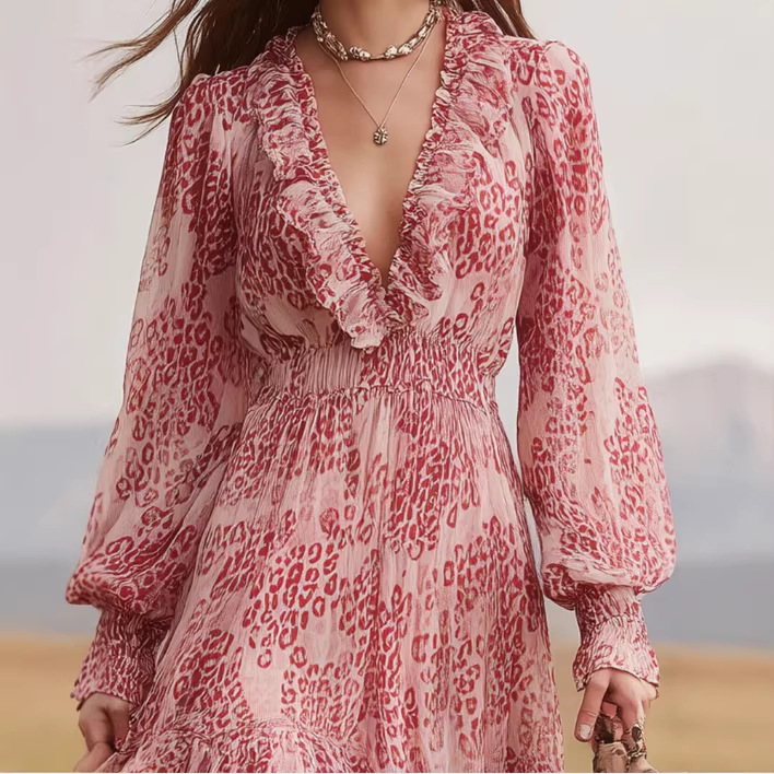 Pink Leopard Print Chiffon Midi Dress with Ruffle Neck and Petal Sleeves