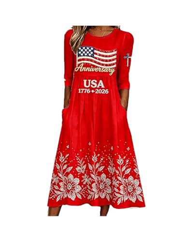 Women's American Flag Print Ruched Floral Dress with Pockets